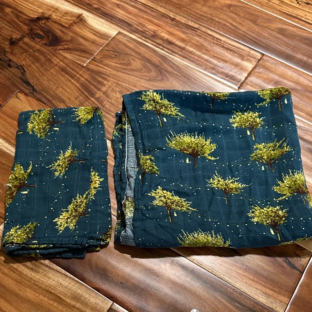 Milkbarn Dark Teal Tree Print Swaddle Blanket and Burp Cloth